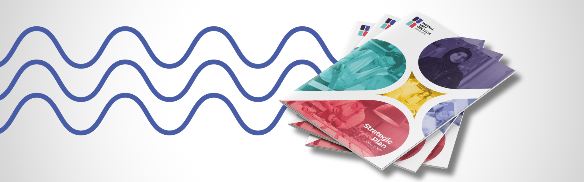 Decorative banner featuring blue squiggle elements and copies of the Wirral Met College Strategic plan on a grey background