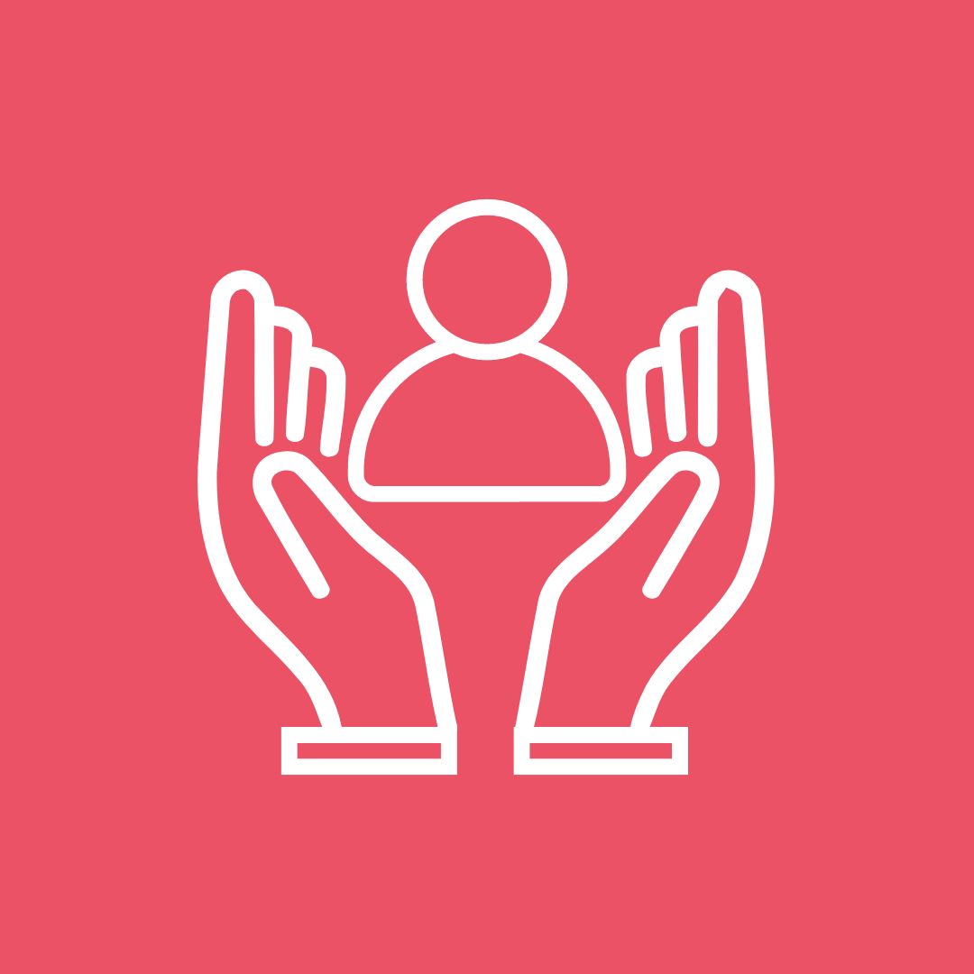 A graphic of a pair of hands with an icon of a person appearing between the hands. It appears on a salmon coloured background.