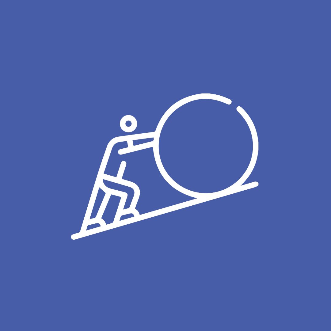 A graphic of a person rolling a boulder up an incline. It appears on a blue background